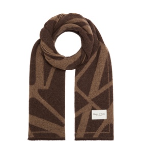 Marc O Polo Dark Brown Multi geometric jacquard wool scarf, folded to show pattern detail and branded label