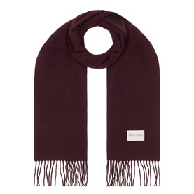 Marc O Polo Black Cherry wool scarf with fringe ends and woven brand label, laid flat in coiled display
