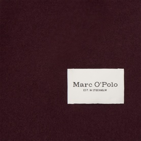 Marc O'Polo Black Cherry wool scarf, flat lay showing branded label on deep burgundy fabric
