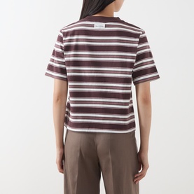 Model wearing Marc O Polo Dark Red Multi striped cotton T-shirt, rear view, styled with taupe wide-leg trousers.
