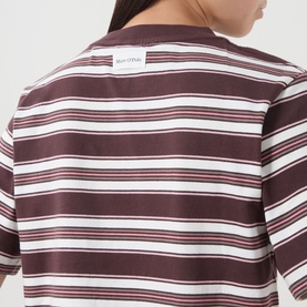 Model wearing Marc O'Polo dark red and white multi-stripe cotton T-shirt, shown from the back with small logo patch detail.