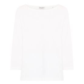 Marc O Polo White Cotton T-Shirt with boat neckline and three-quarter length sleeves, relaxed fit