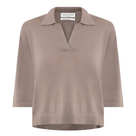 Marc O Polo Stone Taupe wool polo-neck top with open V-collar and three-quarter sleeves