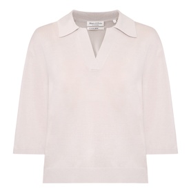Marc O Polo natural knit top with open polo collar and three-quarter sleeves in fine wool blend