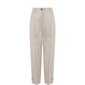 Marc O Polo Pure Taupe Melange wide-leg trousers with front pleat, button waist, and turn-up cuffs in wool-blend fabric