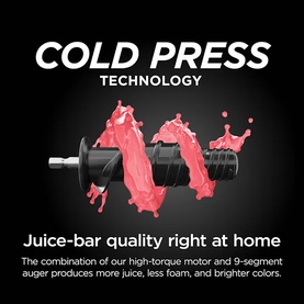 Cold Press Technology graphic showing auger with pink juice splash, with text: juice-bar quality right at home