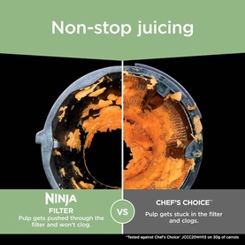 Ninja juicer filter comparison showing pulp passing through cleanly versus competitor filter clogged with pulp residue