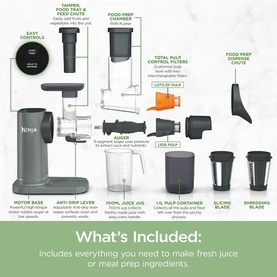 Ninja cold press juicer components diagram showing motor base, auger, 700ml jug, pulp container, slicing blade, and food prep chute with labels.