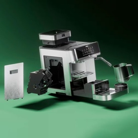 Ninja AutoBarista Pro Coffee Machine in silver and black with components shown exploded apart, including grinder, drip tray, and milk jug