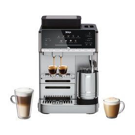Ninja bean-to-cup coffee machine in silver and black with integrated milk frother, shown with latte and espresso cups