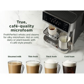 Ninja espresso machine with FrothPerfect system, showing four froth types: steamed milk, thin froth, thick froth, and cold foam.