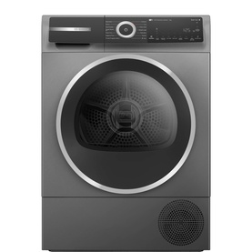 Bosch Series 6 9kg Heat Pump Tumble Dryer in Cast Iron Grey, front-loading with circular door and digital control panel