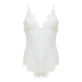 Victoria Beckham Lace Plunge Bodysuit in ivory with V-neckline, fixed spaghetti straps, scalloped lace edges and sheer textured finish
