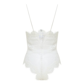 Victoria Beckham Lace Plunge Bodysuit in ivory, back view showing low-cut back, fixed spaghetti straps, and delicate scalloped lace detailing
