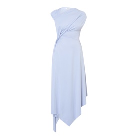 Victoria Beckham Cloud Blue asymmetric midi dress with gathered twist detail at waist and cap sleeves