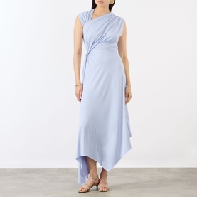 Model wearing Victoria Beckham Cloud Blue asymmetric draped maxi dress with gathered waist detail and handkerchief hem