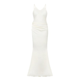 Victoria Beckham ivory maxi dress with spaghetti straps, ruched waist detail, and flared mermaid hem