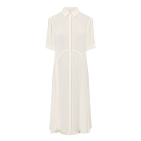 Victoria Beckham Panelled Shirt Dress in white, shirt collar, short sleeves, concealed buttons, dropped waist, flared midi skirt