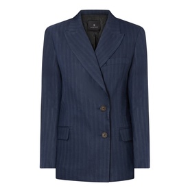 Anine Bing navy pinstripe wool blazer with double-breasted button fastening, peak lapels, and flap pockets.