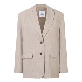 Anine Bing linen blend blazer in neutral stripe, notch lapel, two-button front, flap pockets