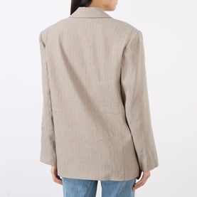 Model wearing Anine Bing linen blend blazer in multi, rear view, styled with light blue jeans. Relaxed fit, notch lapel.
