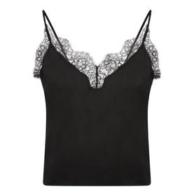 Anine Bing Mael Lace-Trim Cami in black with V-neckline, floral lace trim, narrow adjustable straps and satin finish