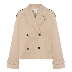 Anine Bing beige cropped double-breasted trench coat with notched lapels, epaulettes, and wide cuffed sleeves