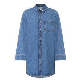 Anine Bing blue denim shirt dress with chest pocket, button-front fastening, long sleeves and relaxed oversized fit