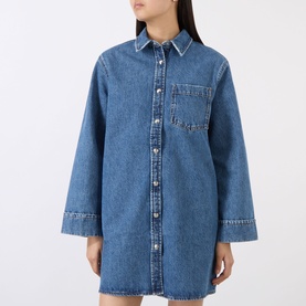 Model wearing Anine Bing blue denim shirt dress with long sleeves, chest pocket, and button-front fastening in relaxed oversized fit.