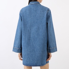 Model wearing Anine Bing blue denim dress, rear view, long sleeves with raw hem cuffs, relaxed fit, contrast stitching detail