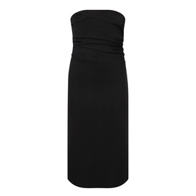 Anine Bing black strapless midi dress with ruched waist detail, fitted silhouette in viscose blend fabric
