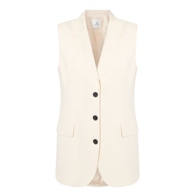 Anine Bing cream gilet with notch lapel, three black buttons, and front flap pockets