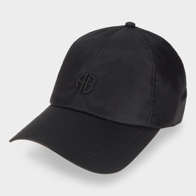 Anine Bing black nylon baseball cap with tonal AB logo embroidery on the front, structured curved brim.