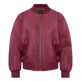 Anine Bing Leon Bomber Jacket in burgundy with subtle sheen, zip-through fastening, flap pockets, and elasticated hem and cuffs