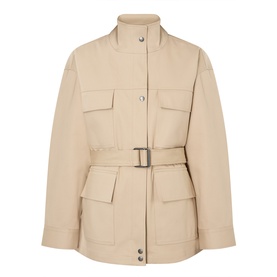 Anine Bing Odin Utility Jacket in beige cotton, stand collar, four flap pockets, belted waist, snap button placket, dropped shoulders
