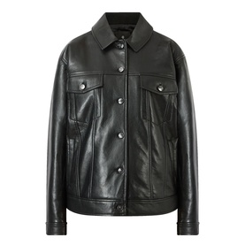 Anine Bing black leather jacket with point collar, dual chest pockets, and silver button fastening