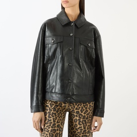 Model wearing Anine Bing black leather jacket with button front, chest flap pockets, styled with leopard-print trousers.