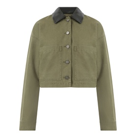 Anine Bing Yuma Cropped Jacket in Army Green with dark leather-look collar, button fastening, patch pockets, and long sleeves.