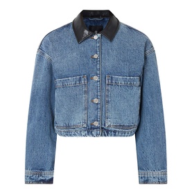 Anine Bing washed blue denim jacket with black leather collar, silver buttons, and two chest pockets, cropped silhouette