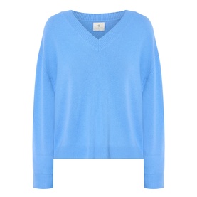Anine Bing blue cashmere V-neck sweater with long sleeves and relaxed fit, flat lay view