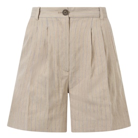 Anine Bing shorts in beige pinstripe, wide-leg silhouette with front pleats, button fastening and high waist