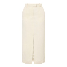 Anine Bing cream midi skirt with belted waistband, front centre split, and tailored silhouette