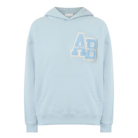Anine Bing Harvey Logo Drawstring Hoodie in blue, varsity AB chenille chest patch, ribbed trims, pouch pocket, drawstring hood