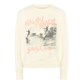 Anine Bing Washed Buttercream sweat top with Malibu Beach Summer graphic print and surfer imagery in coral tones