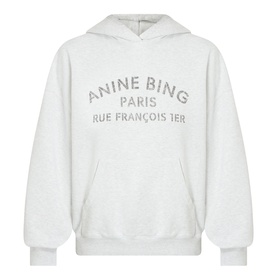 Anine Bing grey cotton hoodie with Paris Rue Fran&ccedil;ois 1er logo print, kangaroo pocket, and oversized fit