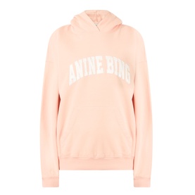 Anine Bing blush pink hoodie sweatshirt with white varsity logo print, kangaroo pocket, and ribbed cuffs