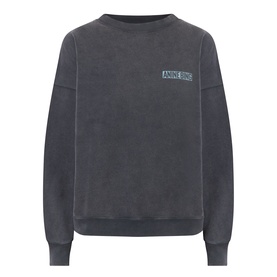 Anine Bing black washed cotton sweatshirt with small logo print on chest, crew neck, and ribbed cuffs and hem