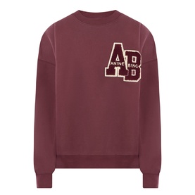 Anine Bing burgundy cotton sweatshirt with oversized AB logo patch on chest, crew neck, and panelled sleeves.