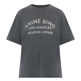 Anine Bing washed black oversized T-shirt with distressed Los Angeles Melrose Avenue slogan print, crew neck, short sleeves