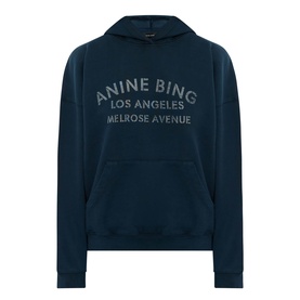 Anine Bing navy cotton hoodie with logo graphic print, kangaroo pocket, and drawstring hood